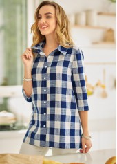 Multi Color tops,Plaid tops,ROTITA Button Up Turndown Collar Plaid Blouse