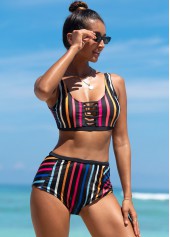 Striped swimwear,ROTITA Ladder Cutout Rainbow Stripe Bikini Set