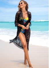 Black swimwear,Plain Color swimwear,ROTITA 3/4 Sleeve Drawstring Waist Lace Cover Up