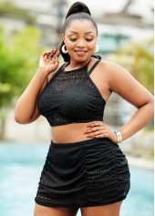 Black plus size,Plain Color plus size,ROTITA Lace Stitching High Plus Size Waisted Bikini Set