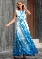 Sky Blue dresses,Tie Dye dresses,Vacation dresses,Vacation dresses,ROTITA Tie Dye Print Sleeveless V Back Maxi Dress