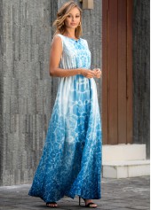 Sky Blue dresses,Tie Dye dresses,Vacation dresses,Vacation dresses,ROTITA Tie Dye Print Sleeveless V Back Maxi Dress