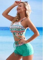 Green swimwear,Tribal swimwear,ROTITA Cutout Back Tribal Print Tie Front Bikini Set 