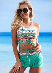 Green swimwear,Tribal swimwear,ROTITA Cutout Back Tribal Print Tie Front Bikini Set 