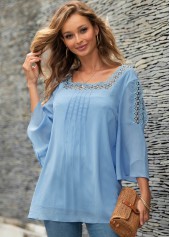Blue tops,Plain Color tops,ROTITA Square Neck Lace Panel Crinkle Chest Blouse