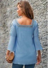 Blue tops,Plain Color tops,ROTITA Square Neck Lace Panel Crinkle Chest Blouse