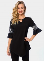 ROTITA Asymmetric Hem Keyhole Neckline Sequin T Shirt