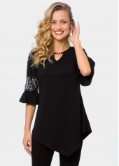 Black tops,Plain Color tops,ROTITA Asymmetric Hem Keyhole Neckline Sequin T Shirt