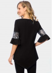 Black tops,Plain Color tops,ROTITA Asymmetric Hem Keyhole Neckline Sequin T Shirt