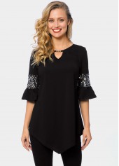 Black tops,Plain Color tops,ROTITA Asymmetric Hem Keyhole Neckline Sequin T Shirt