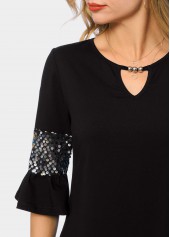 Black tops,Plain Color tops,ROTITA Asymmetric Hem Keyhole Neckline Sequin T Shirt