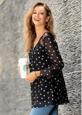 Multi Color tops,Dot tops,ROTITA Crinkle Chest Hanky Cuff Polka Dot Blouse