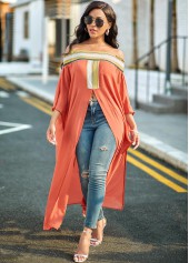 Brick Red tops,Striped tops,ROTITA Off Shoulder High Slit Striped Blouse