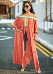Brick Red tops,Striped tops,ROTITA Off Shoulder High Slit Striped Blouse