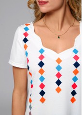 White tops,Geometric tops,ROTITA Short Sleeve Geometric Print T Shirt