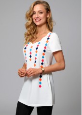 White tops,Geometric tops,ROTITA Short Sleeve Geometric Print T Shirt