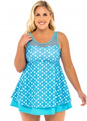 Cyan plus size,Dot plus size,ROTITA Polka Dot Plus Size Mesh Stitching Swimdress and Shorts