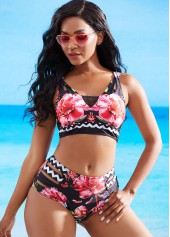 ROTITA Floral Print Ladder Cutout Mesh Stitching Bikini Set