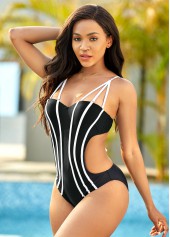 Black swimwear,Contrast Color swimwear,Cutout Waist Striped One Piece Swimwear