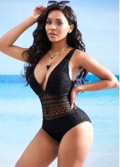 Black swimwear,Plain Color swimwear,Spaghetti Strap Mesh Deep V Neck One Piece Swimwear