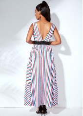 Multi Color dresses,Striped dresses,ROTITA Strip Print V Back Belted Swing Dress