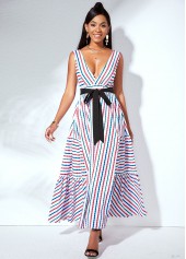ROTITA Strip Print V Back Belted Swing Dress