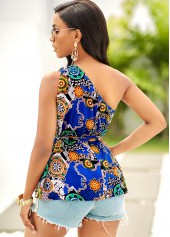 Royal Blue tops,Tribal tops,ROTITA One Shoulder Tribal Print Belted Blouse
