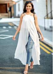 White tops,Plain Color tops,ROTITA Asymmetric Hem White Cross Strap Chiffon Camisole Top