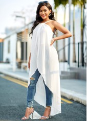 White tops,Plain Color tops,ROTITA Asymmetric Hem White Cross Strap Chiffon Camisole Top