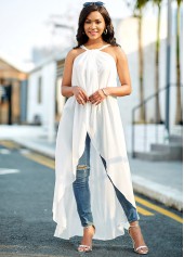 White tops,Plain Color tops,ROTITA Asymmetric Hem White Cross Strap Chiffon Camisole Top