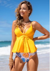 Yellow swimwear,Plants swimwear,Yellow Leaf Print Lace Up Tankini Set