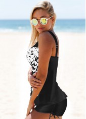 White swimwear,Floral swimwear,Printed Wide Strap Drawstring Side Tankini Set
