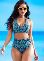 Peacock Blue swimwear,Leopard swimwear,Leopard High Waisted Halter Bikini Set