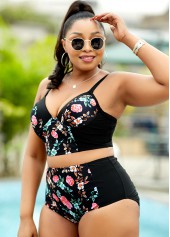 Black plus size,Floral plus size,Floral Print Plus Size High Waisted Bikini Set