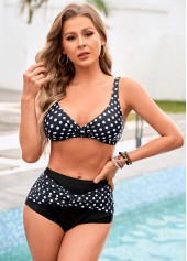Black swimwear,Dot swimwear,Spaghetti Strap Polka Dot Twist Front Bikini Set