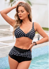Black swimwear,Dot swimwear,Spaghetti Strap Polka Dot Twist Front Bikini Set