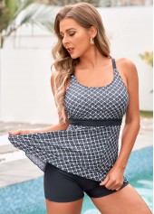 Grey swimwear,Geometric swimwear,Spaghetti Strap Geometric Print Tankini Set