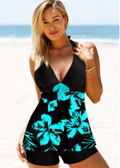 Blue swimwear,Floral swimwear,ROTITA Halter Floral Print Keyhole Back Swimdress and Shorts