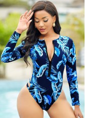 Multi Color swimwear,Plants swimwear,Long Sleeve Zipper Feathers Print Surfing Suit