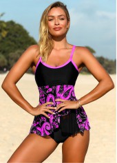 Hot Pink plus size,Paisley plus size,ROTITA Plus Size Paisley Print Asymmetric Hem Tankini Top