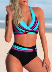 Cyan swimwear,Dazzle Colorful swimwear,ROTITA Colorful Printed Cross Front High Waisted Bikini Set