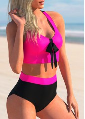 Hot Pink swimwear,Contrast Color swimwear,ROTITA Bowknot Criss Cross Back Printed Bikini Set