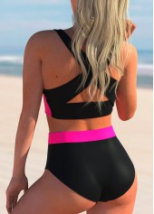 Hot Pink swimwear,Contrast Color swimwear,ROTITA Bowknot Criss Cross Back Printed Bikini Set