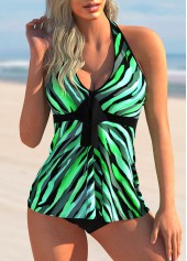ROTITA Bowknot Front Halter Printed Tankini Set