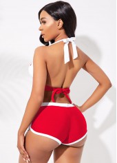 Red swimwear,Contrast Color swimwear,ROTITA Halter Contrast Knot Detail Bikini Set