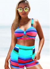 Cyan swimwear,Striped swimwear,ROTITA High Waisted Colorful Geometric Print Bikini Set	