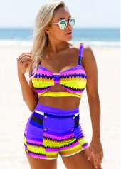 Purple plus size,Geometric plus size,ROTITA Plus Size Colorful Geometric Print High Waisted Bikini Set