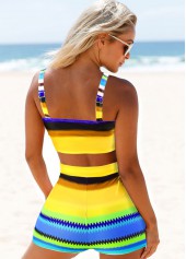 Yellow swimwear,Striped swimwear,ROTITA Colorful Geometric Print High Waisted Bikini Set	