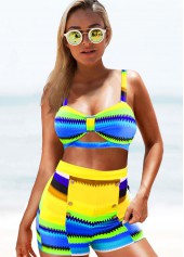 Yellow swimwear,Striped swimwear,ROTITA Colorful Geometric Print High Waisted Bikini Set	