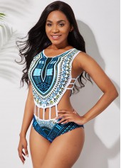 Peacock Blue swimwear,Tribal swimwear,ROTITA Cutout Waist Dashiki Print One Piece Swimwear